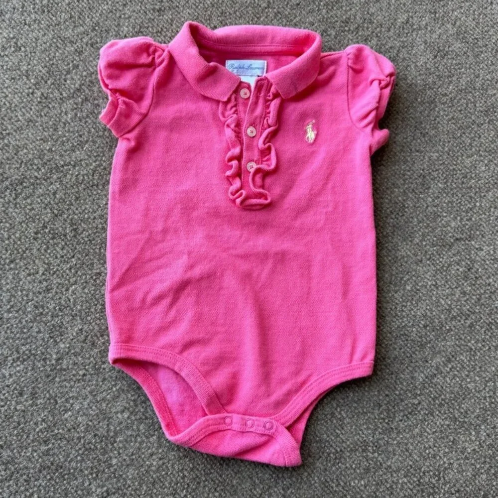 Ralph Lauren Collared Ruffle Snap / Button Closer Romper Baby Girl Size 9m